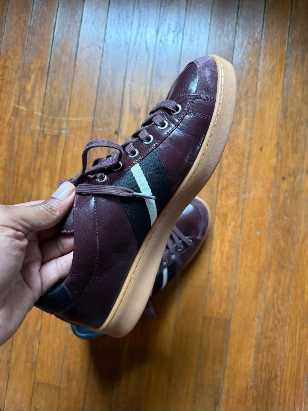 Bally Men's Burgundy and Black Leather Sneakers with Cream Stripe